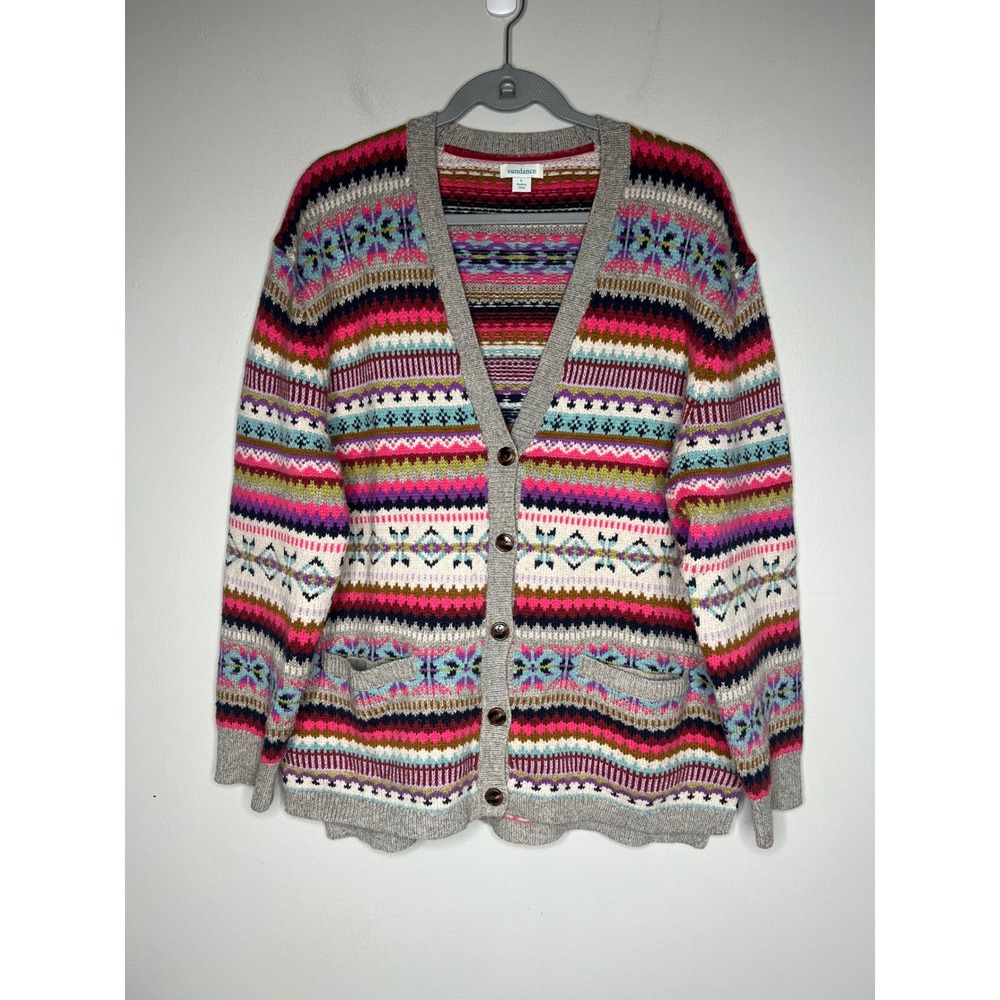 Sundance Fair Isle Cardigan Sweater Multicolor Wool Blend Boho Women's L Nordic